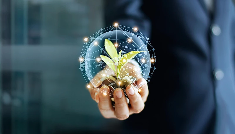 Person in Anzug hält eine wachsende Pflanze mit Schutzsymbol